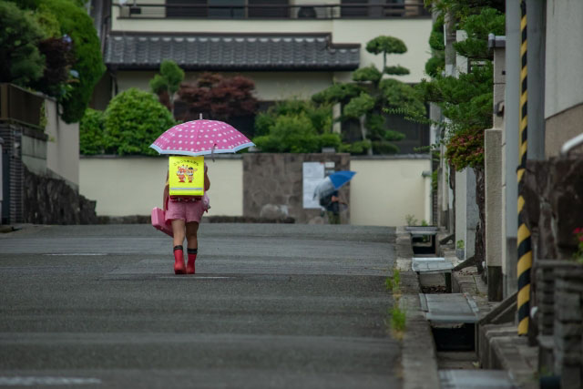 傘をさす小学生の女の子の写真