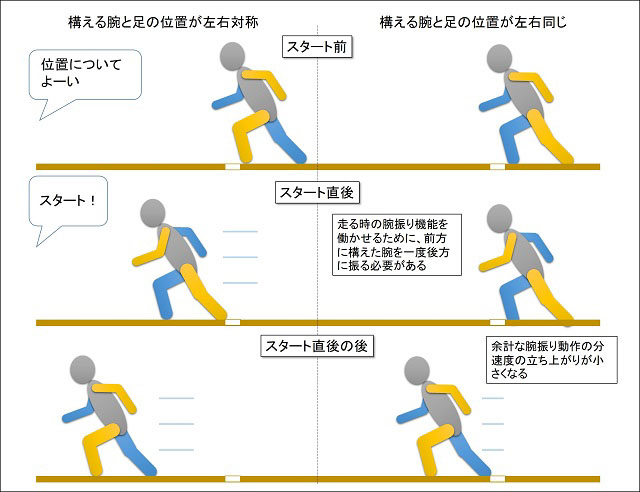 小学生が速く走るためにはスタートのときに構える姿勢が重要であることを説明する図